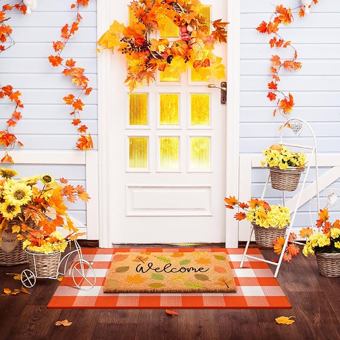 2 Pcs Thanksgiving Coir Doormat Outdoor Thanksgiving Maple Leave Welcome Outdoor Rugs for Layered Buffalo Orange White Plaid Mats for Autumn Fall Front Door Porch Entryway Decor