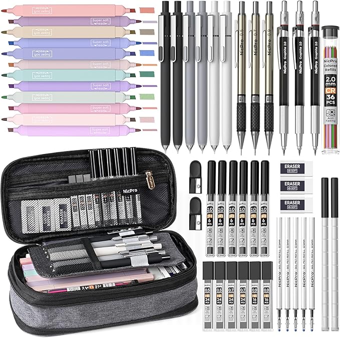 Nicpro 50 PCS School Supplies Stationary Set with Pencil Case - 6 Gel Pens & Refills, 12 Highlighters, 6 Art Mechanical Pencil Set, 12 Tube lead Refills for College Essentials Office Stationery -Black