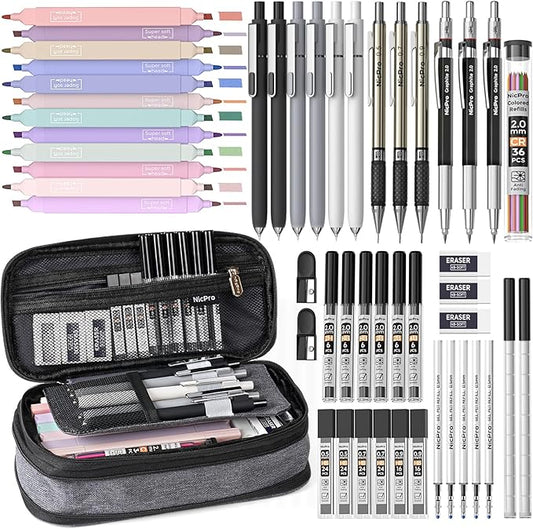 Nicpro 50 PCS School Supplies Stationary Set with Pencil Case - 6 Gel Pens & Refills, 12 Highlighters, 6 Art Mechanical Pencil Set, 12 Tube lead Refills for College Essentials Office Stationery -Black