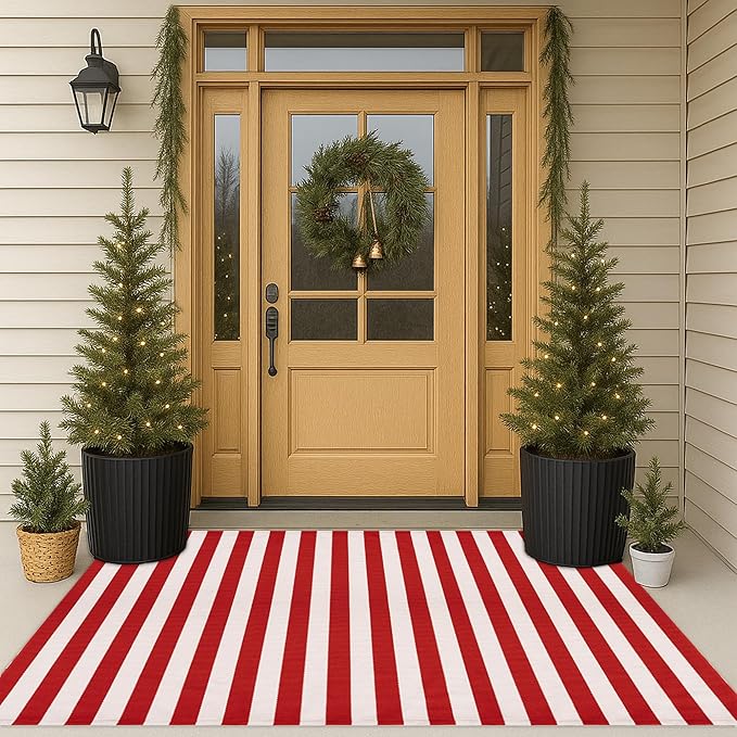 Christmas Red & White Striped Rug - 3' x 5' Outdoor Front Door Decor Mat Cotton Washable Hand-Woven Rug Christmas New Year Holiday Porch Entryway Layered Doormat