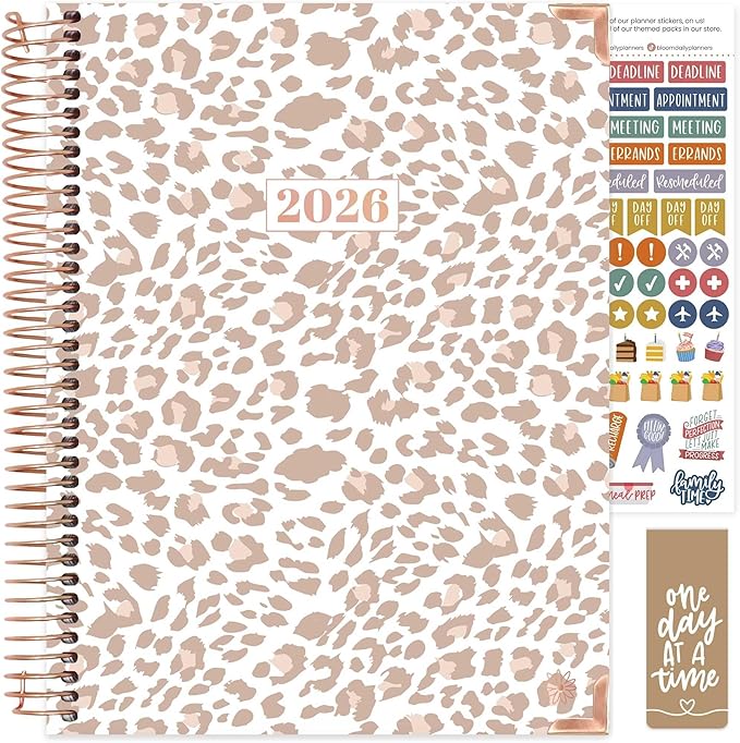 bloom daily planners HARDCOVER 2026 Planner (January to December) - 8.5” x 11” Weekly & Monthly Dated Agenda Organizer Book with Stickers & Tabs - Tan Leopard