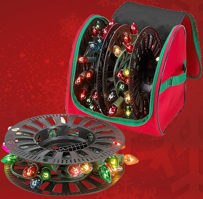 HOLDN’ STORAGE Premium Christmas Light Storage Bag – Heavy Duty Tear Proof 600D/Inside PVC Material with Reinforced Handles - 3 Reels Stores up to 375 Ft of Mini Tree Lights & Extension Cords Red
