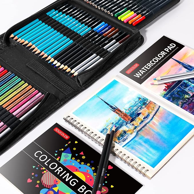 Soucolor 76 Pack Drawing Set Sketching Pencils Kit with 3-Color Sketch Book, Watercolor Pad, Coloring Book, Colored, Graphite, Charcoal, Watercolor, Metallic Pencils for Artists Adults Teens Beginner