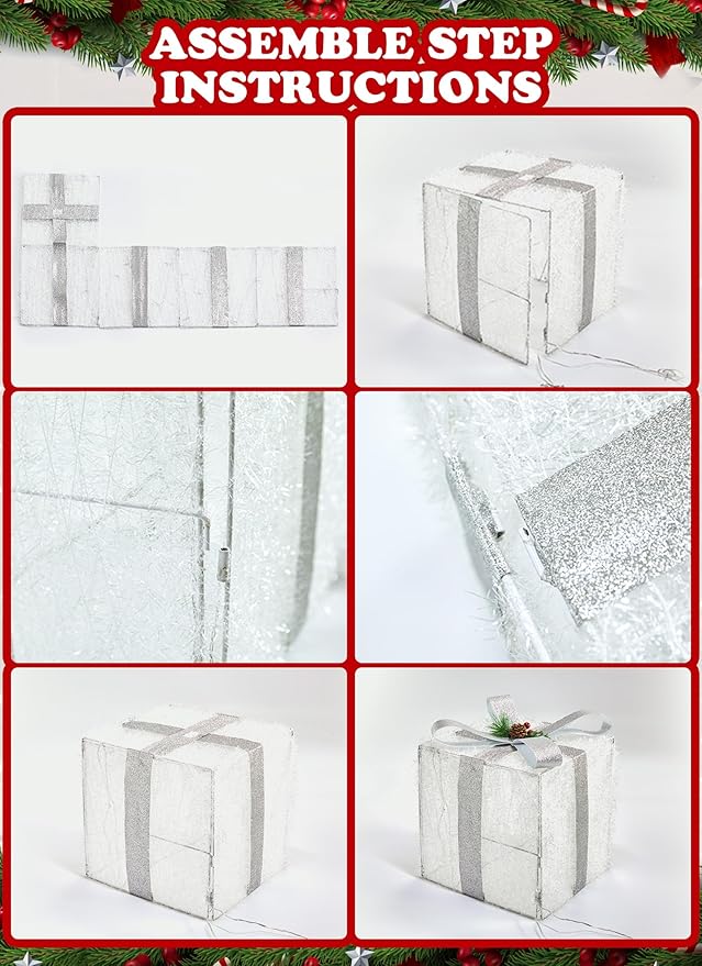 3 Pieces Foldable Christmas Decorations Lighted Gift Boxes, 12" 10" 8" with 60 Pre-Lit Mini String Lights，LED Xmas Gift Boxes with Bows for Tree Indoor Outdoor Holiday Party Yard Home Decor