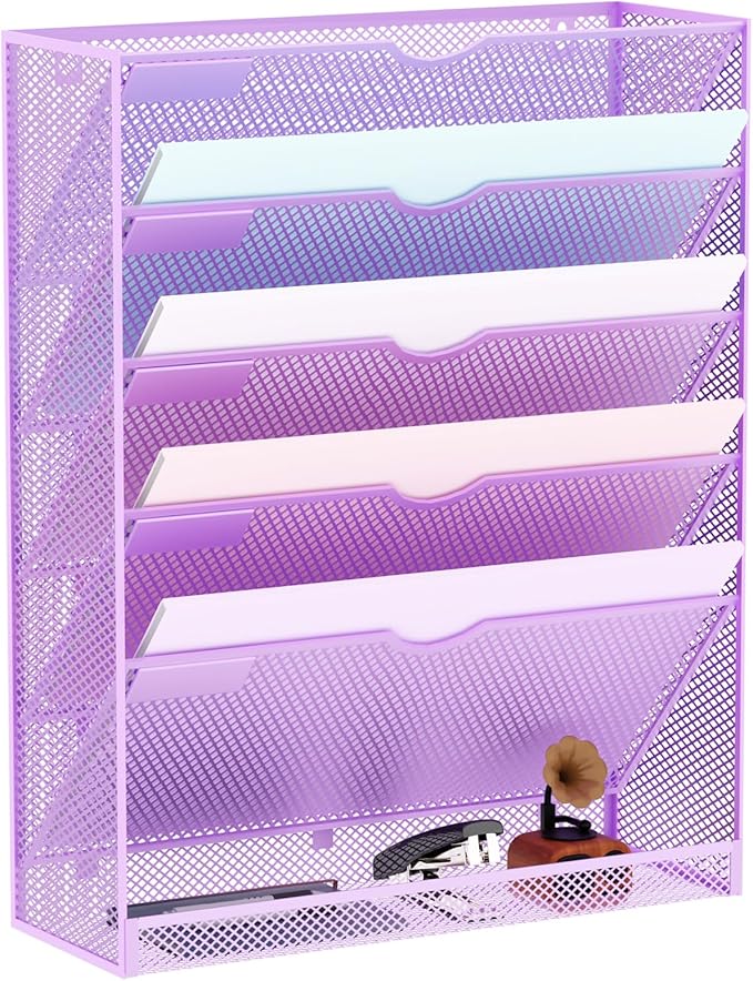 Hanging Wall File Organizer 6 Tier Wall Mounted Mail Paper Folder Holder Document Organization Stand, Vertical Desk Magazine Rack for Office Home Cubicle Countertop, Light Purple