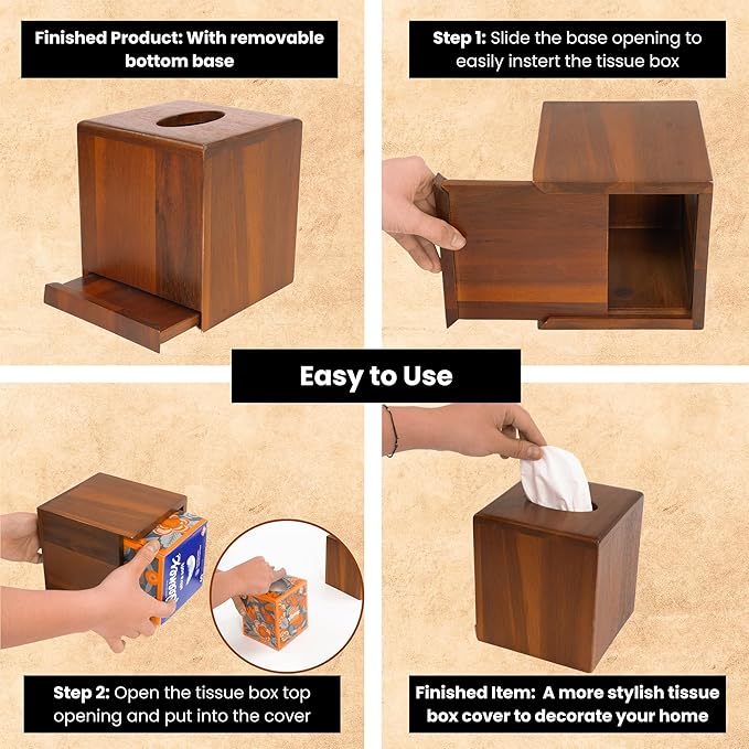 KOLWOVEN Acacia Wood Square Tissue Box Holder - Farmhouse Style, Brown