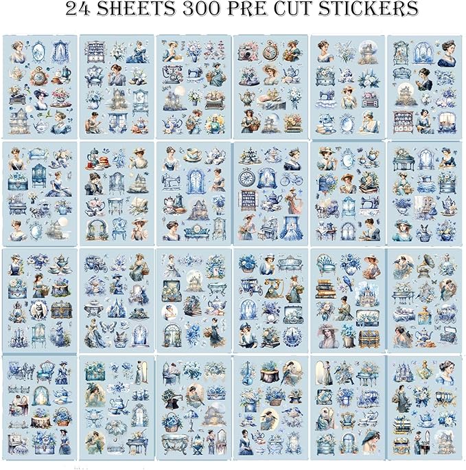 Vintage Ephemera Sticker 24 Sheets precut 300 washi Stickers Paper Journal Stickers for Adults People Junk Journal Sticker Book Scrapbooking Supplies