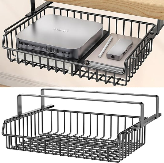 Under Desk Drawer, Slide Out Design,No Drill Metal Under Desk Cable Management, Under Table Storage Shelf Tray Basket Under Table Drawer Organizer for Office, Home, Workspace, Cabinet