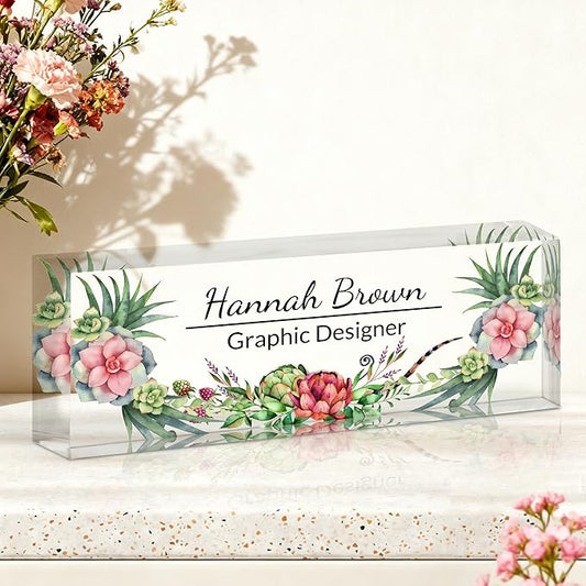 Ship Next Day-Custom Name Plate for Desk, Desk Name Plate Personalized, Acrylic Office Desk Accessories, Appreciation Gifts for Coworkers Employee Teachers Boss Women Men (Succulent Plants)