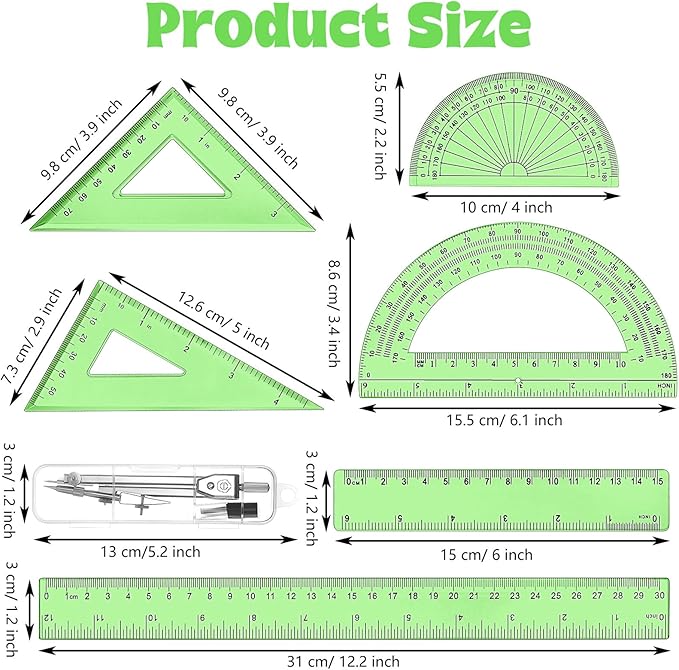 Zonon 1 Set Plastic Geometry Math Set Includes Drawing Compass, 6 Inch 4 Inch Protractor, 45/60 Degree Triangle Rulers 12 Inch 6 Inch Math Ruler Transparent for Office Supplies(Green)