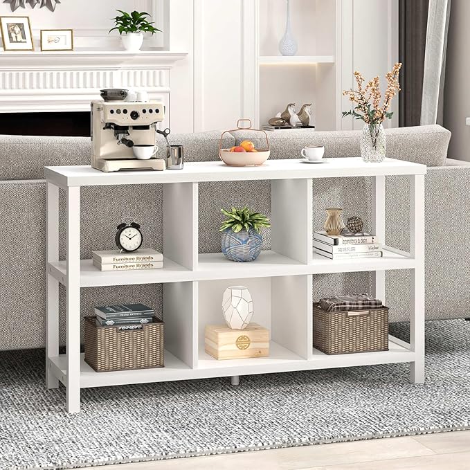 FOLUBAN Horizontal Bookshelf, 6 Cube Storage Organizer with Shelf, Modern Wood and Metal Cubby Bookcase for Bedroom Living Room, White Oak, 47 Inch