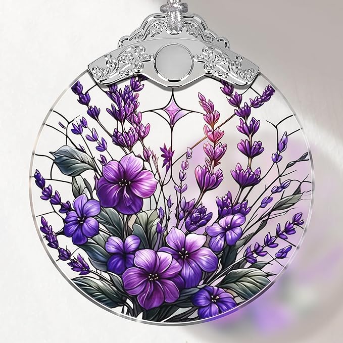 Touber Stained Glass Christmas Ornament, Purple Bauhinia & Violets, 3x3.5 Inch, Hanging, Christmas Tree Decoration