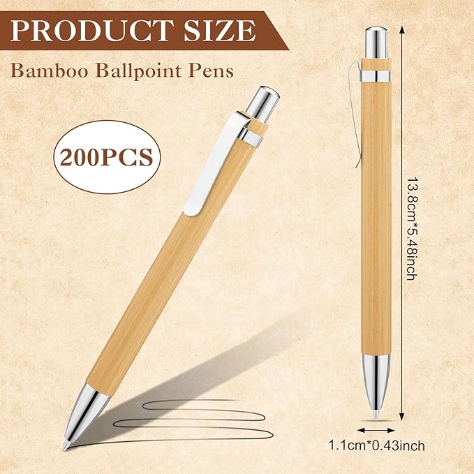 SATINIOR 200 Pcs Bamboo Ballpoint Pens, Wooden Retractable Ballpoint Pen, Black Ink, 1mm Pen, Sustainable, Stylish, Practical, Widely Applicable