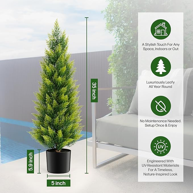 Artificial Cedar Tree 3ft - Outdoor or Indoor - Weather and UV-Resistant Artificial Outdoor Plants - Front Porch | Garden - Faux Cedar Tree - Set of 2