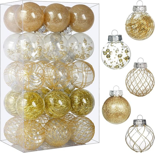 Clear Christmas Ball Ornaments, 30ct 2.36" Gold Shatterproof Xmas Ball Decorations Set Decorative Hanging Ornaments for Christmas Tree Home Office Decor Gift for Christmas Party Wedding