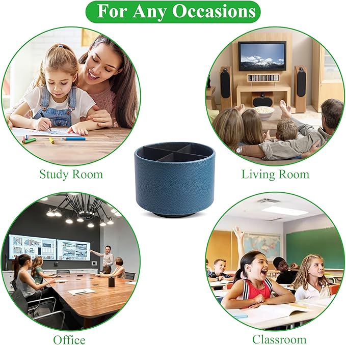 Hennaja Round Leather Art Supply Organizer,Remote Control Holder,360 Degree Spinning,Multi-Functional Pencil Holder,4 Compartments Desktop Stationary Organizer(1-Lichee Green)