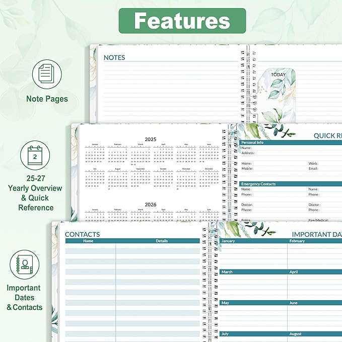 SUNEE 2026 Weekly and Monthly Planner - from January 2026 - December 2026, 8.5"x11" Daily Agenda Planner with Monthly Tab, Flexible Cover, Note Pages, Pockets, Bookmark, Spiral Binding, Eucalyptus