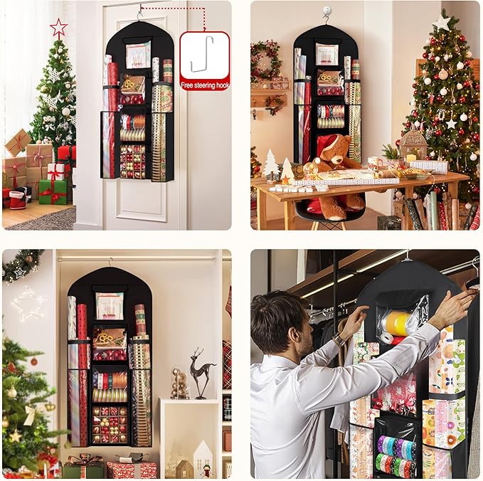 Hanging Gift Wrapping Paper Storage, 48x24 (Extra Large) Black Double-Sided Christmas Wrapper Bag Container, Oxford Long Craft Roll Organizer, Present Wrap Holder for Closet, Door