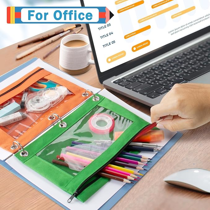 Pencil Pouch for 3 Ring Binder, 48 Pack Pencil Pouches with Zipper & Clear Window - 6 Assorted Color, Pencil Case Bulk for 3-Holes Binder, Multi-Purpose Storage Bag for Office, School Supplies (48)