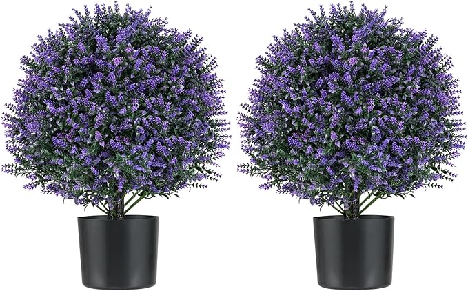 Goplus 21.5’’ Artificial Lavender Topiary Ball Tree, Set of 2 Faux Potted Plants Artificial Shrubs Bushes with Flowers, Fake Evergreen Artificial Topiary for Indoor Outdoor Home Front Porch Decor