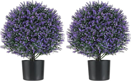 Goplus 21.5’’ Artificial Lavender Topiary Ball Tree, Set of 2 Faux Potted Plants Artificial Shrubs Bushes with Flowers, Fake Evergreen Artificial Topiary for Indoor Outdoor Home Front Porch Decor