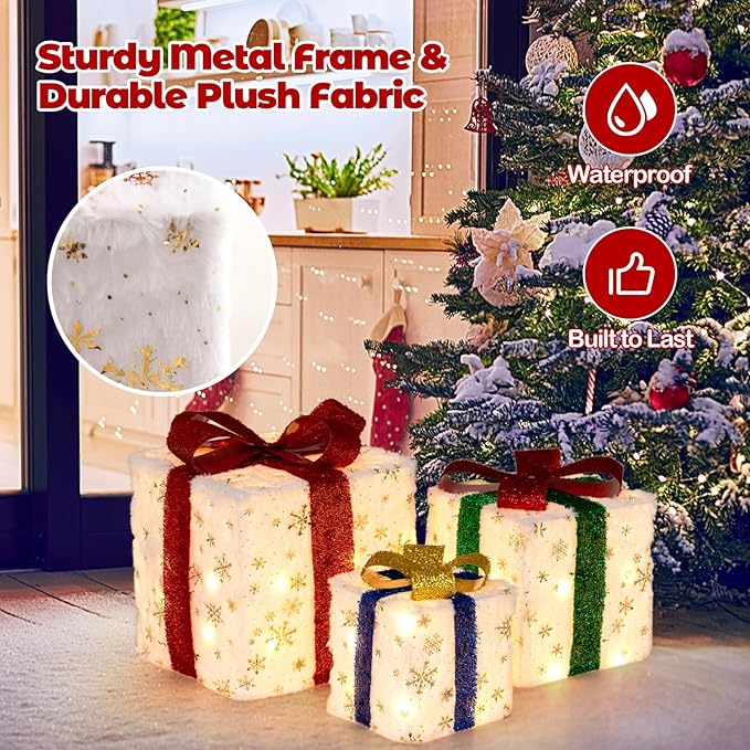Tangkula Set of 3 Christmas Lighted Gift Boxes, Pre-lit Christmas Decoration with 48 Bright Warm Lights, Plush Boxes Decoration with Bows, Indoor Outdoor Present Boxes Ornament for Home Yard Holiday