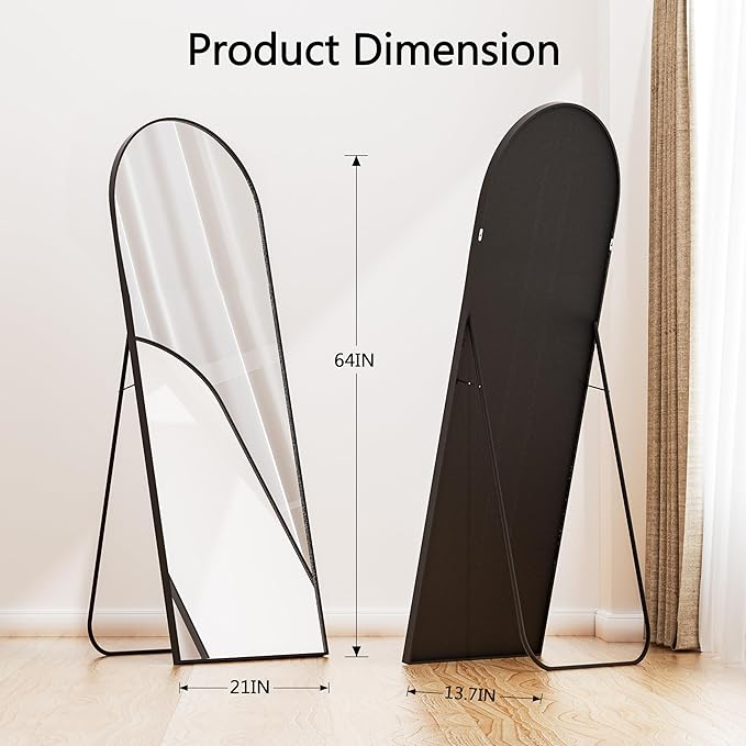 Arched Full Length Mirror, 64"×21" Floor Mirror with Stand, Large Full Length Mirrors for Home Wall Decor, Arched Mirrors for Bedroom Cloakroom Decor - Black