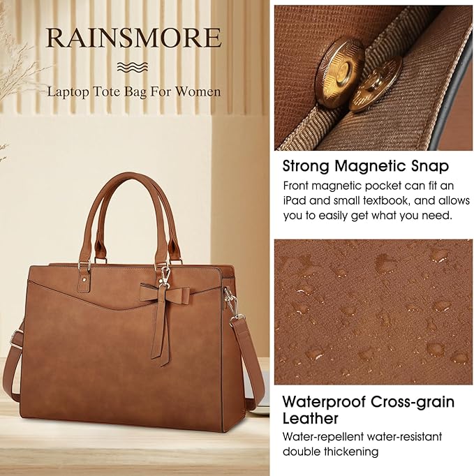 RAINSMORE Laptop Bag for Women 15.6 Inch PU Leather Laptop Tote Bag Professional Business Office Briefcase Waterproof Work Bag Computer Tote Bag Large Lightweight Handbag Shoulder Bag