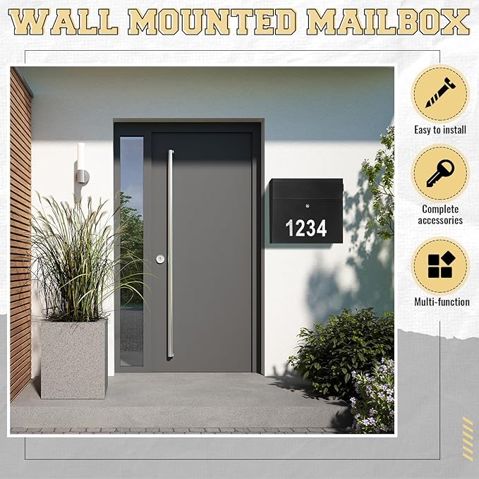 Extra Large Wall Mount Mailboxes for Outside 18 x 16.5 x 7 Inches Locking Security Mail Box Galvanized Steel Wall Mailbox Large Capacity Post Box with Key Lock and Reflective Stickers(Black)