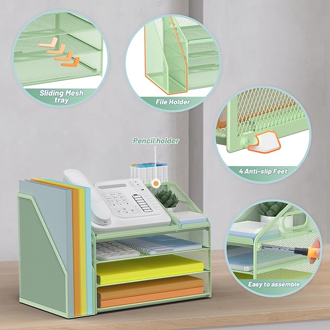 DocNest 4 Tier Paper Letter Tray File Organizer, Mesh Desk File with Handle, Workspace Desk Organizers with Pen Holder, Office Organization Storage Accessories - Green