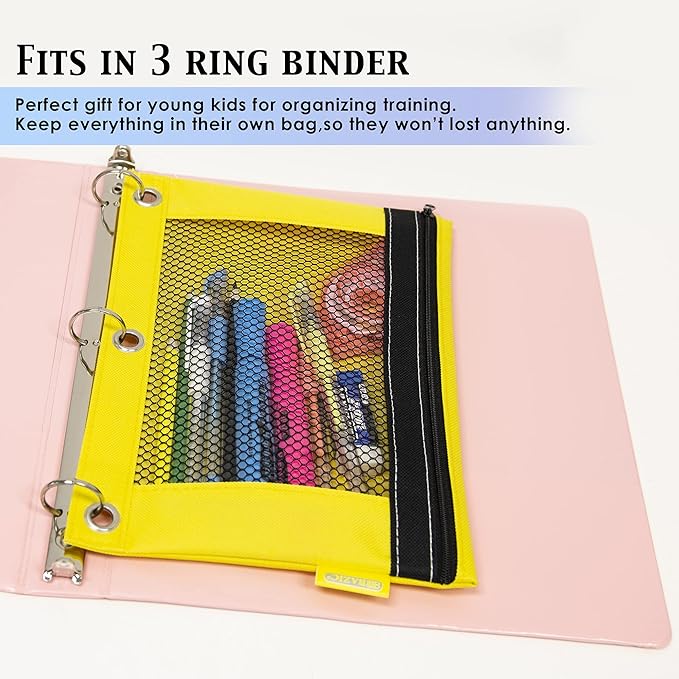 BAZIC Pencil Pouch 3 Ring Binder Pouch w/Rivet Enforced Rings Holes, Mesh Window, Bright Assorted Color Zipper Pouches Case, 6-Pack