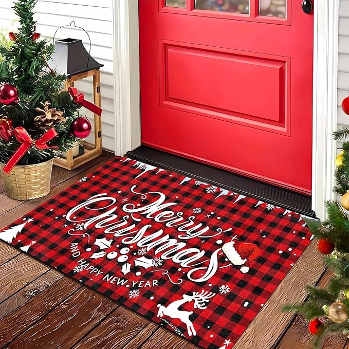 Merry Chirstmas Doormat Buffalo Plaid Door Mat for Front Door, Front Porch Rugs Easy Clean Welcome Mats Outdoor Rug Indoor Outdoor Winter Decor, 18" x 30"Inch
