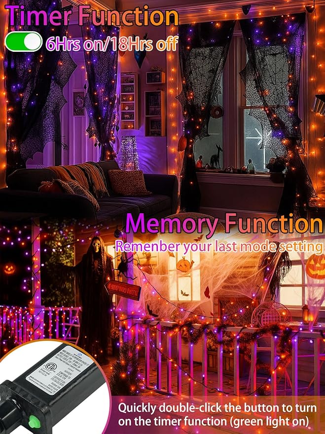2-Pack 66FT 200 LED Extendable Halloween Lights,13 Modes Orange and Purple Halloween Decorations Outdoor Indoor Tree Lights Waterproof, Plug in String Lights with Timer and Memory for Bedroom Decor