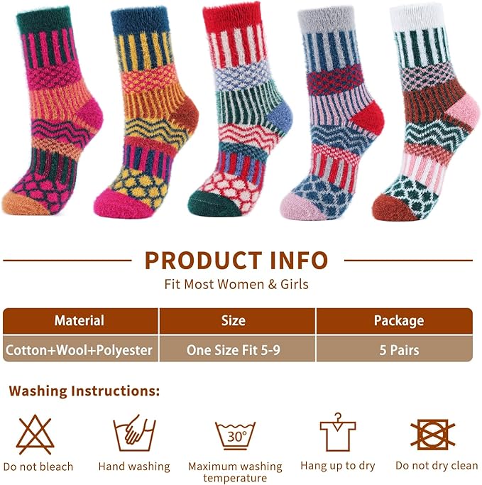 ICEIVY 5 Pair Fuzzy Cozy Socks for Women - Warm Comfy Soft Casual Home Sleep Winter Wool Socks - Gifts for Women