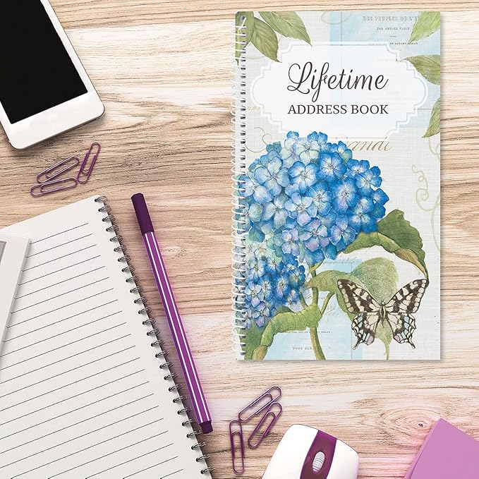 Current Hydrangea Address Book - 94 Pages; Small 5" x 8-1/2" Size for Purse or Office, Spiral Bound Soft Cover Organizer for Contacts, Addresses, Email, & Phone Numbers + 50 Replacement Stickers