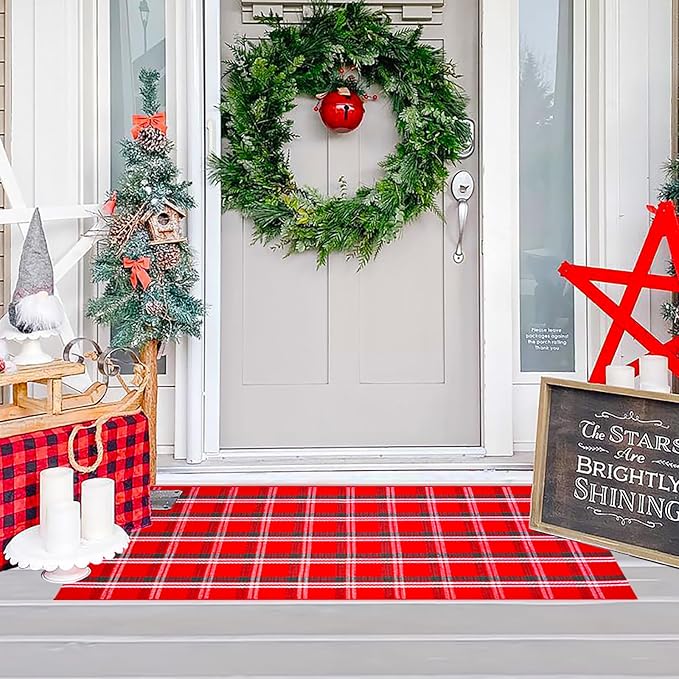 Ckorzen Red Green and White Plaid Rug, 2' x 4'3" Christmas Front Porch Outdoor Rug, Handwoven Cotton Washable Rug for Layered Door Mats, Holiday Entryway and Home Décor