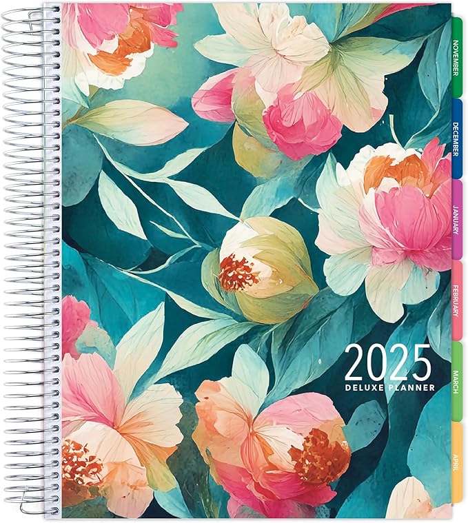 Deluxe 2025 Planner, 8.5"x11": 14 Months (November 2024 - December 2025), Includes Page Tabs, Bookmark, Planning Stickers, Pocket Folder Daily Weekly Monthly Planner Yearly Agenda (Teal Floral)