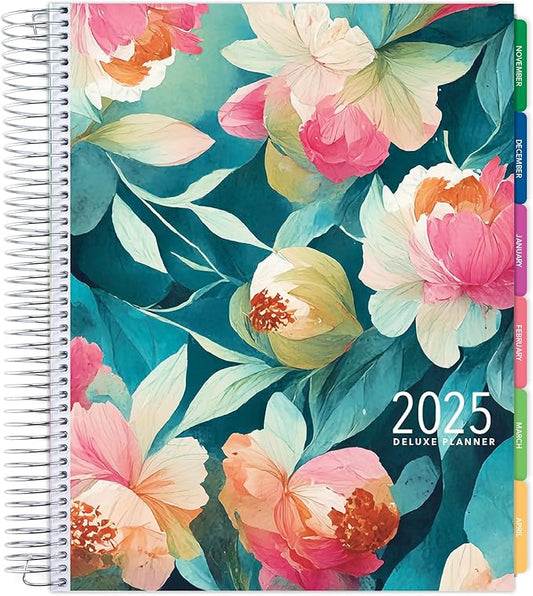 Deluxe 2025 Planner, 8.5"x11": 14 Months (November 2024 - December 2025), Includes Page Tabs, Bookmark, Planning Stickers, Pocket Folder Daily Weekly Monthly Planner Yearly Agenda (Teal Floral)