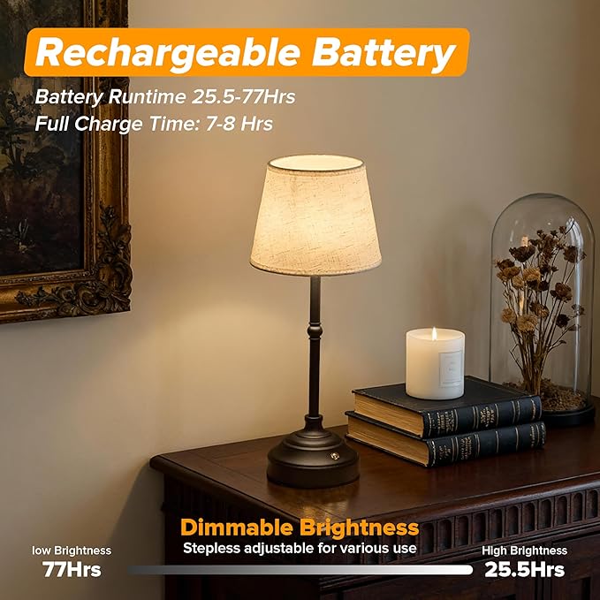 Cordless Table Lamp, Rechargeable Desk Lamp with Fabric Shade, Battery Operated Lamp 3 Color Stepless Dimming, Portable Small Touch Bedside Lamp Home Decor for Dining, Counter (Matte Black)
