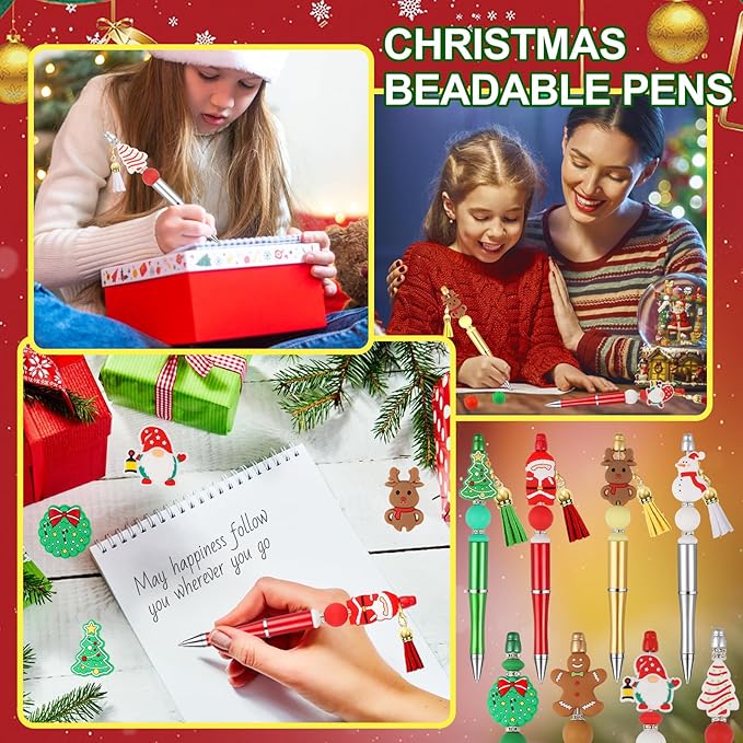 CZWZ 8 Pcs Christmas Beadable Pens, Plastic Beadable Pens with Multicolor Silicone Beads, Christmas Snowman Pine Tree Floral Hoop Deer Pens for Christmas Gifts Office School Supplies