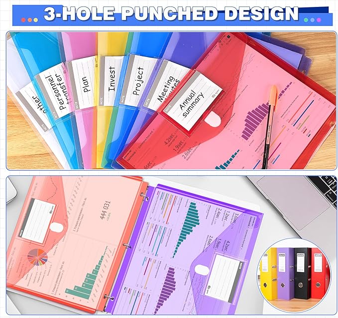 28pcs Binder Folders with Space-Saving Closure and Label Pocket, Super Heavyweight Plastic File Envelopes for 3 Ring, 7 Colors Letter Size Side Loading Binder Pockets Organizer for School