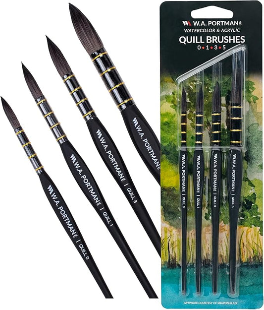 WA Portman Quill Round Watercolor Brushes Professional 4pc Set - 100% Vegan, Cruelty-Free Synthetic Squirrel Hair Watercolor Brushes Set with Triangular Comfort Grip