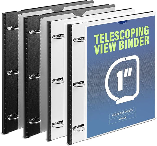 WOT I 1 Inch Telescoping 3 Ring Binder 4 Pack, Expandable Flexible Binder with Customizable Front Cover & Clear Catalog Pocket, Holds 225 Sheets, School Office Supplies, Black+White