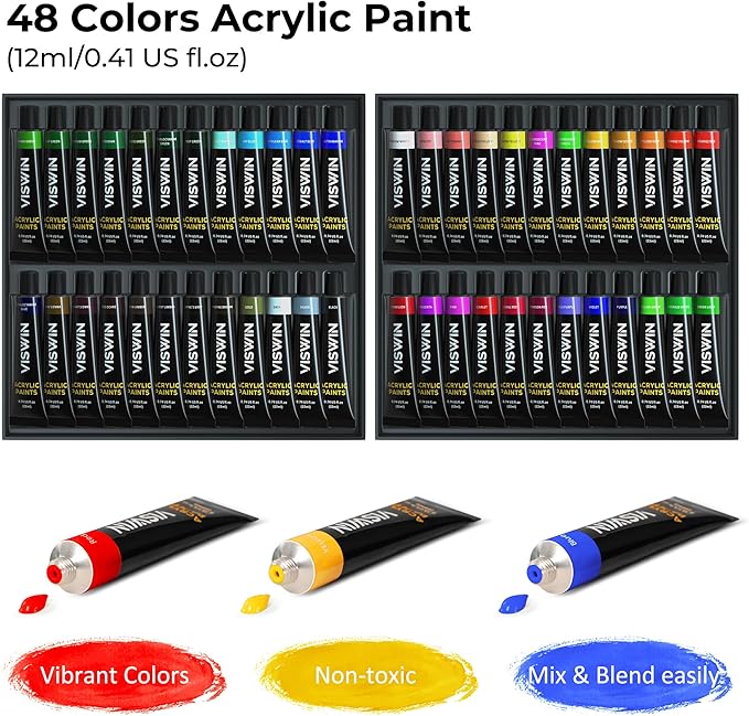 VISWIN Deluxe Acrylic Paint Kit with Tabletop Easel Box, 74 Pcs Painting Kit with 48 Acrylic Paint Set, Canvas, Brushes, Art Supplies for Adults, Artists, Beginners