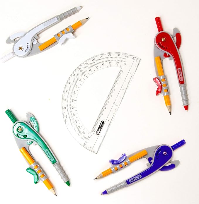 BAZIC Geometry Math Compass Set w/Scale-Arm, 6" Protractor, & HB Wood Pencil, Inch Centimeter, Mathematical Drafting Drawing Tool for Student, 1 UNIT, RANDOM COLOR