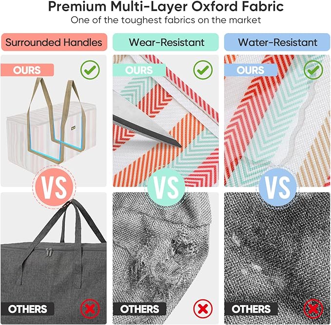 BALEINE Extra Large Storage Tote with Zippers & Carrying Handles, Heavy-Duty Oxford Fabric Moving Bags for Laundry, Space Saving, Storage, 2-Pack, Color Stripe