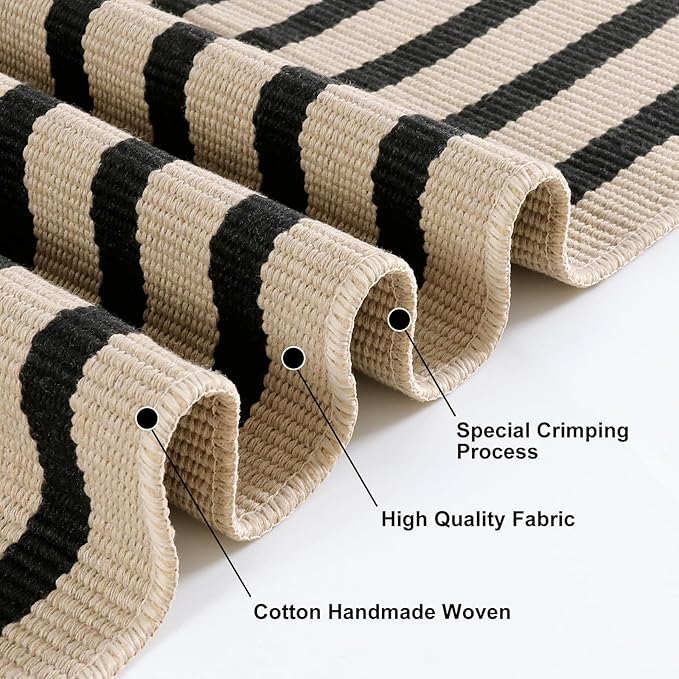 KIMODE Front Door Mats 24"x35", Reversible Washable Farmhouse Front Porch Rug Decor, Striped Layered Door Mats Outdoor, Black and Khaki Cotton Hand Woven Rugs for Entryway,Kitchen,Bathroom