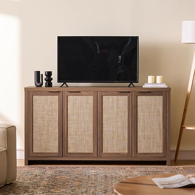 Walsham 61'' Buffet Cabinet with Storage, Adjustable Shelf Sideboard Rattan Entryway Console Cabinet with Doors Modern Credenza Coffee Bar Station for Kichen Living Room Holds 410lb Special Walnut