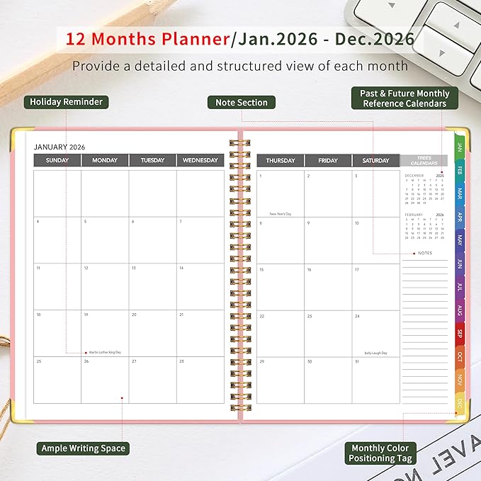 2026 Appointment Book/Planner - 2026 Daily Hourly Planner from Jan. 2026 - Dec. 2026, Weekly appointment Book 2026, 2026 Hourly planner with 20-Minute Interval, 9" x 11", Twin-Wire Binding, Colorful Tabs, Pocket - Pink