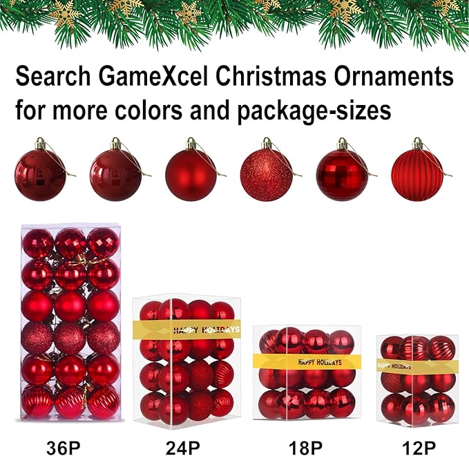 Rose Red 2.5" Christmas Balls Christmas Tree Decoration Ornaments Shatterproof Hanging Balls for Birthday Halloween Holiday Wedding Decorations Set of 18pcs